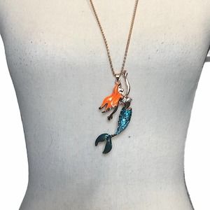 Mermaid pendant necklace, blue and orange.
